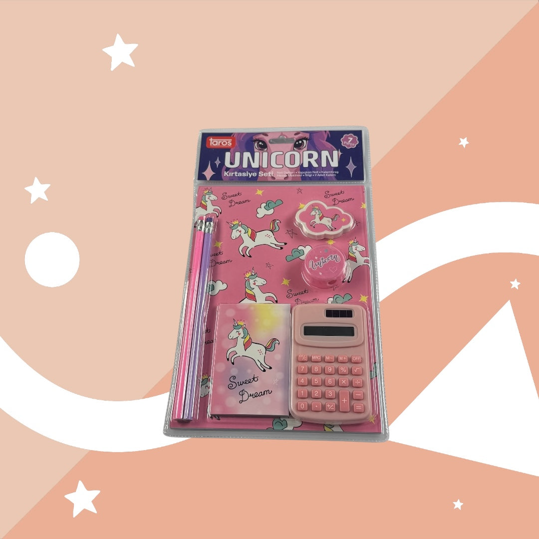 Unicorn Temalı Kırtasiye Seti 7 Parça - Defter, Hesap Makinesi, Kalem, Silgi ve Daha Fazlası