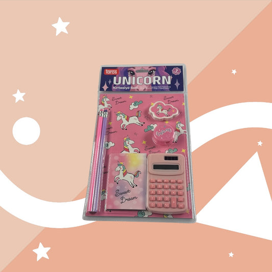 Unicorn Temalı Kırtasiye Seti 7 Parça - Defter, Hesap Makinesi, Kalem, Silgi ve Daha Fazlası
