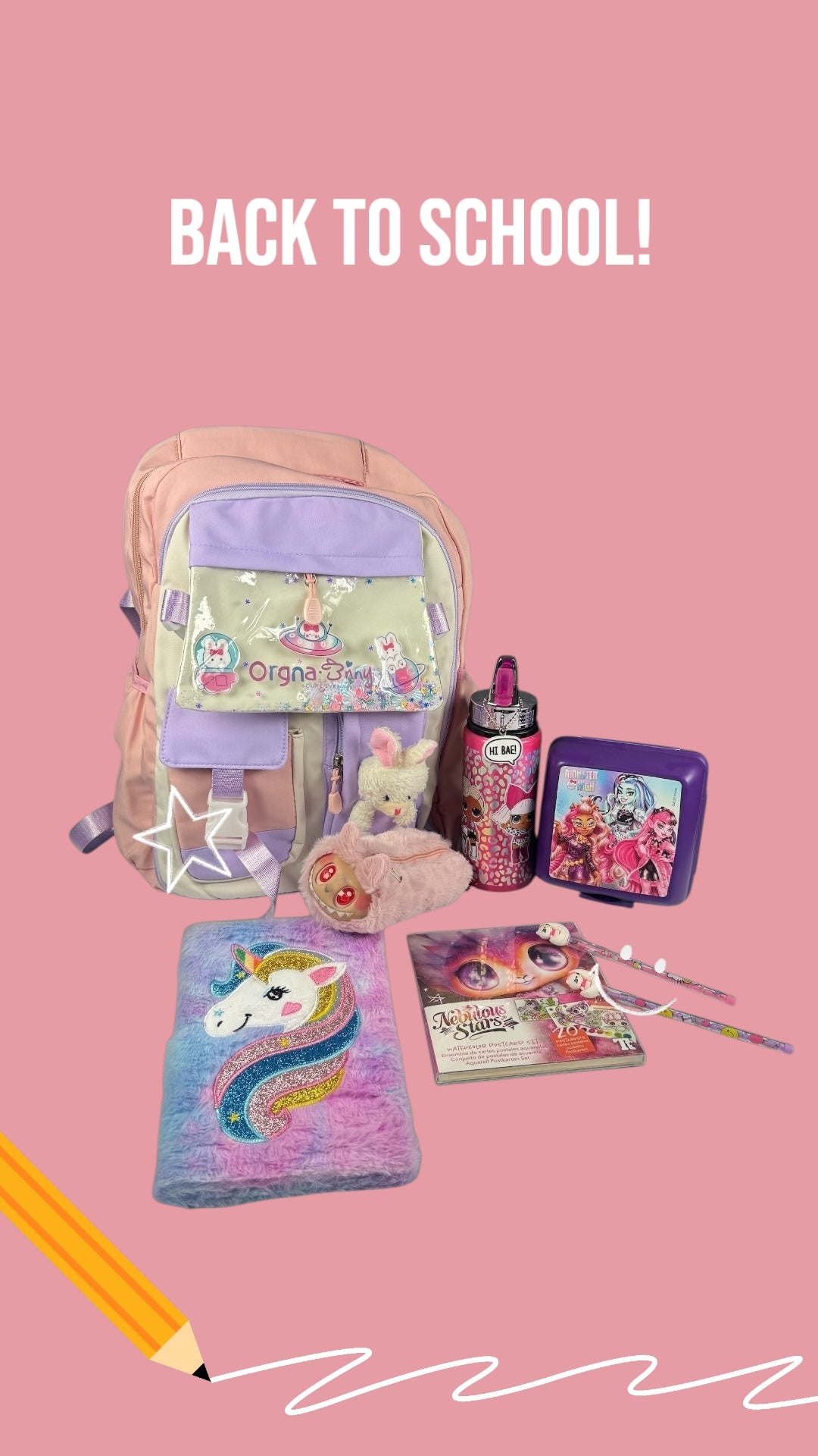 Kız Çocuk Okul Seti Unicorn Defterli – Sırt Çantası, Suluk, Beslenme Çantası, Peluş Kalemlik, Defter