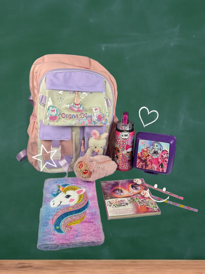 Kız Çocuk Okul Seti Unicorn Defterli – Sırt Çantası, Suluk, Beslenme Çantası, Peluş Kalemlik, Defter